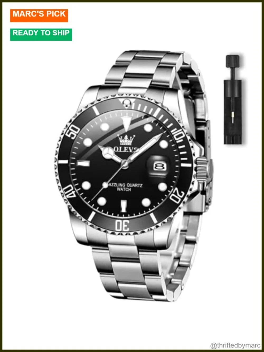 Stainless Steel Analog Watch with Date, Rotatable Bezel, Luminous Dial